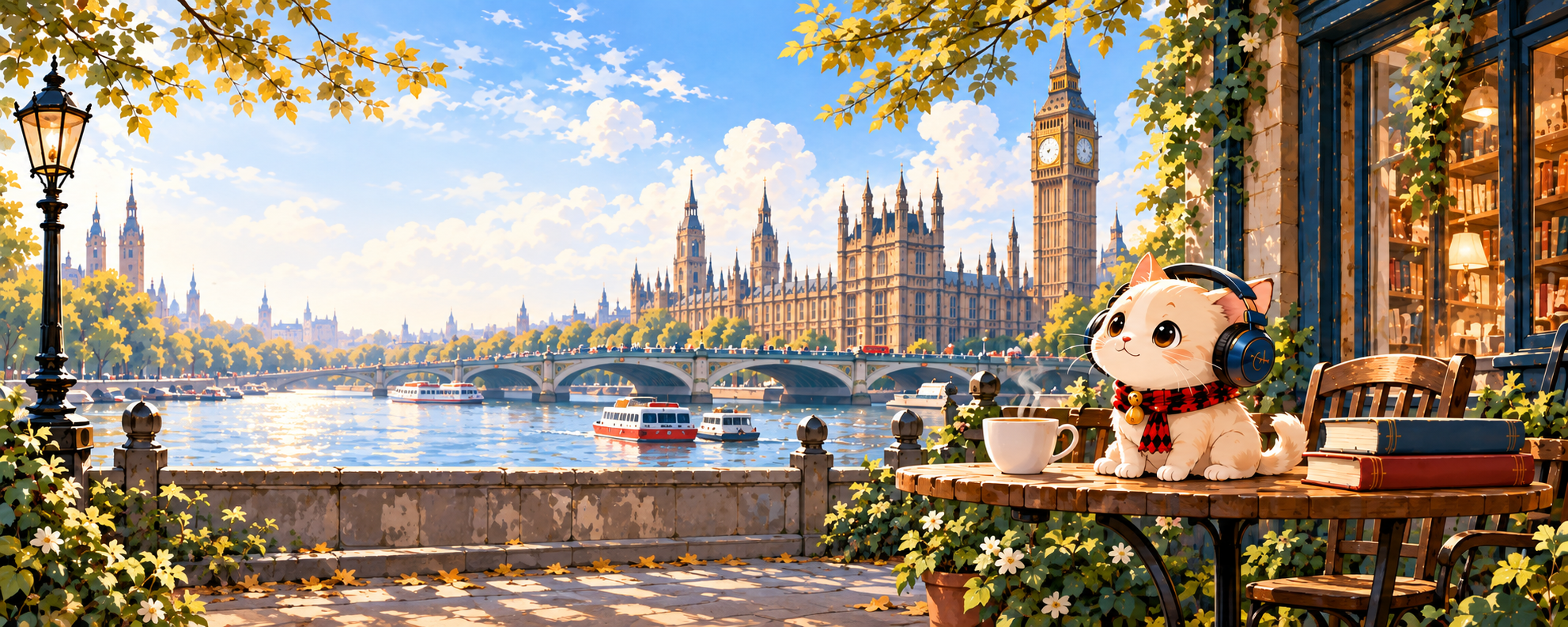 Ilustración de la orilla del Támesis con el Big Ben y un gato con auriculares